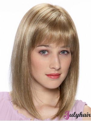 Blonde Shoulder Length Straight With Bangs 14 inch Cheap Medium Wigs