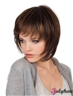 Brown Chin Length Straight With Bangs 10 inch Natural Medium Wigs