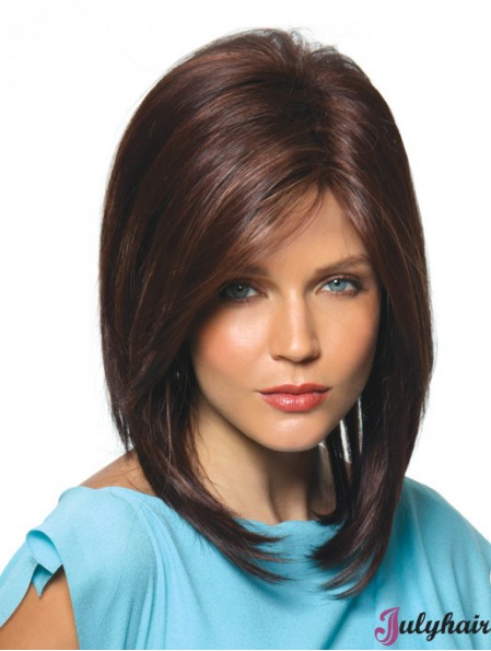 Brown Shoulder Length Straight With Bangs 14 inch Hairstyles Medium Wigs