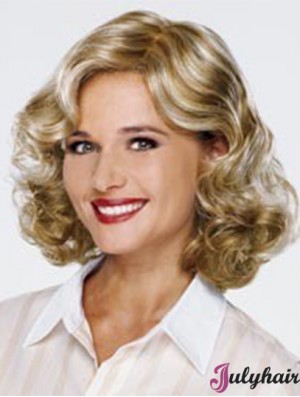 Blonde Shoulder Length Curly Without Bangs 13 inch Fashionable Medium Wigs