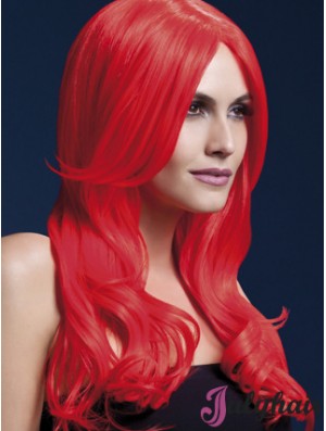 Synthetic Long Hair Wigs Red Color Wavy Style With Capless