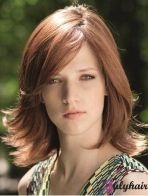 Fabulous Brown Shoulder Length With Bangs Straight Glueless Lace Front Wigs