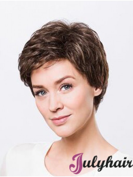 Brown Boycuts Short 8 inch Wavy Synthetic Ladies Monofilament Wigs