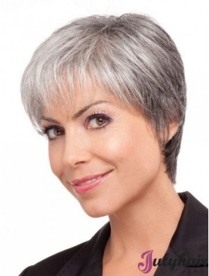 Wigs For Elderly Lady Grey Hair With Synthetic Grey Cut Short Length