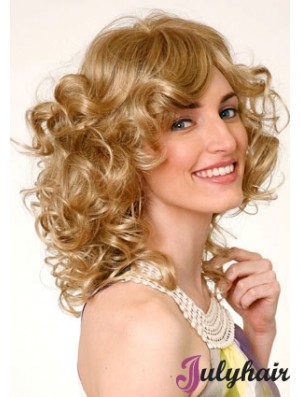 Layered Blonde Curly Shoulder Length 16 inch Durable Medium Wigs