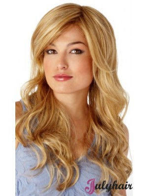 Sleek Blonde Wavy With Bangs Monofilament Long Wigs