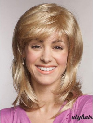 Straight With Bangs Shoulder Length Blonde Popular Lace Front Wigs