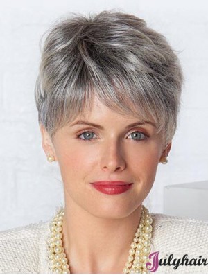 Monofilament Lace Wigs Grey Cut Straight Style Short Length