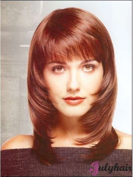 Fashion Straight Red Shoulder Length With Bangs Medium Wigs