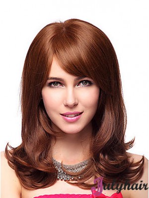 Shoulder Length With Bangs 20 inch Wavy Auburn Medium Wigs