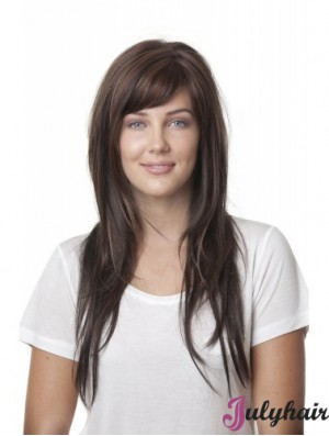 Ideal Brown Straight With Bangs Monofilament Long Wigs