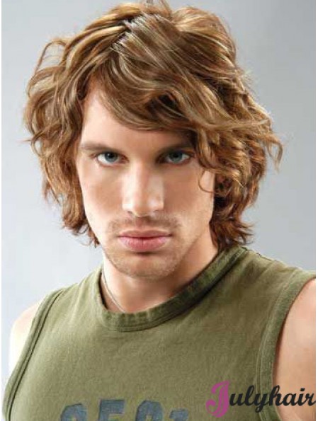 Lace Front Brown Remy Human Curly With Bangs Men's Wigs In UK