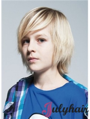 Straight Chin Length Blonde Remy Human Hair Capless Kids Wigs