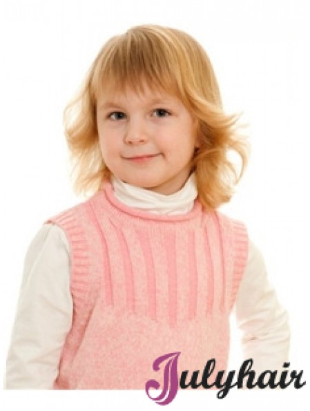 Wavy Shoulder Length Blonde Remy Human Hair 100% Hand-tied Kids Wigs