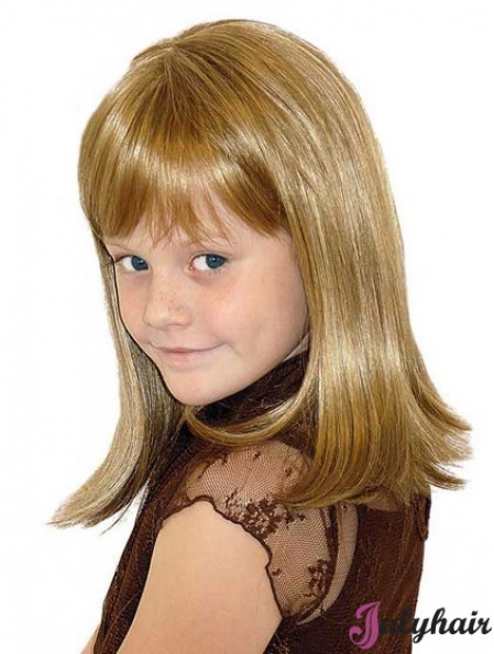 Straight Shoulder Length Blonde Synthetic 100% Hand-tied Kids Wigs