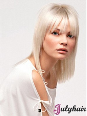 Lace Front With Bangs Shoulder Length Straight 14 inch Platinum Blonde No-Fuss Fashion Wigs