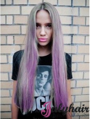 Fashionable Ombre/2 Tone Long Straight Without Bangs 28 inch Human Lace Wigs