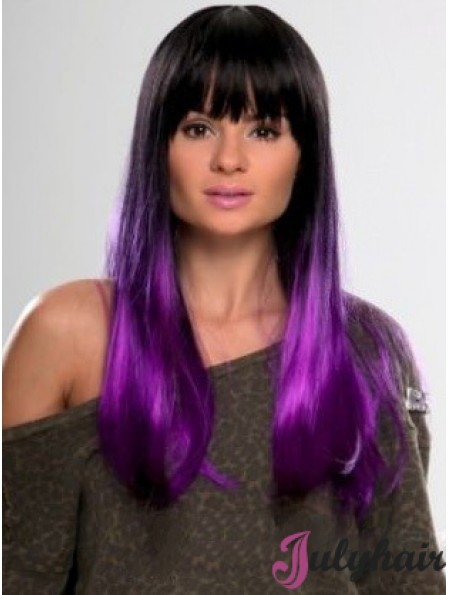 Sassy Ombre/2 Tone Long Straight With Bangs 22 inch Human Lace Wigs