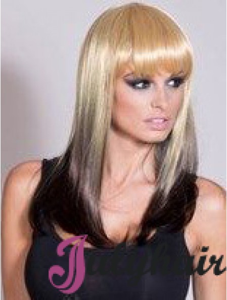 Affordable Ombre/2 Tone Long Straight With Bangs 20 inch Human Lace Wigs