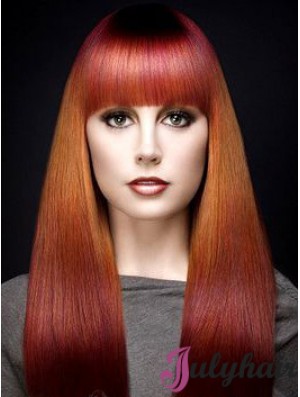 Popular Ombre/2 Tone Long Straight With Bangs 18 inch Human Lace Wigs